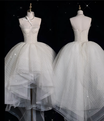 Niulatu High Low Strapless Tulle White Long Wedding Dresses SD1844